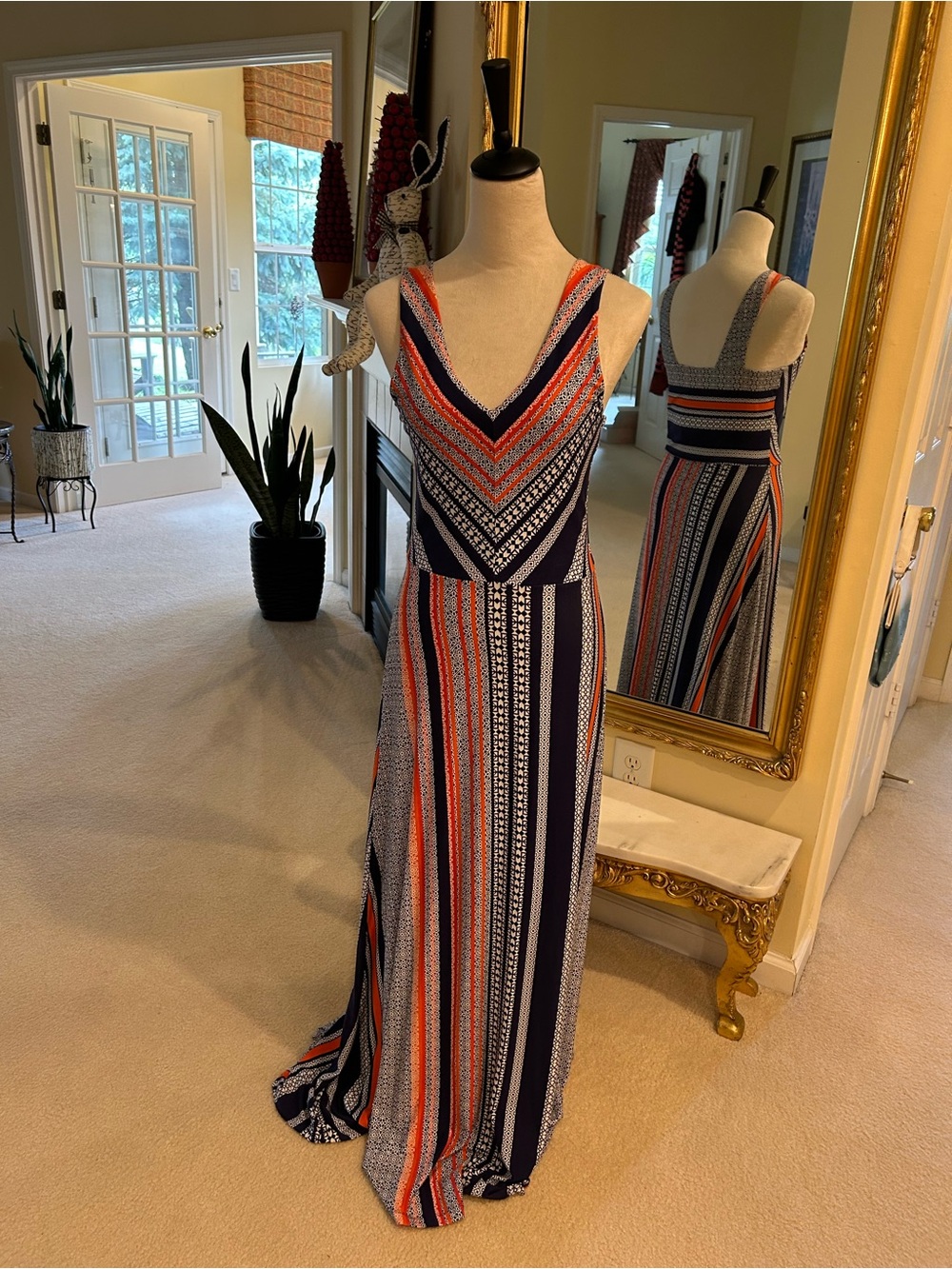 Cynthia Rowley Navy and Coral Striped V‑Neck Maxi Dress
